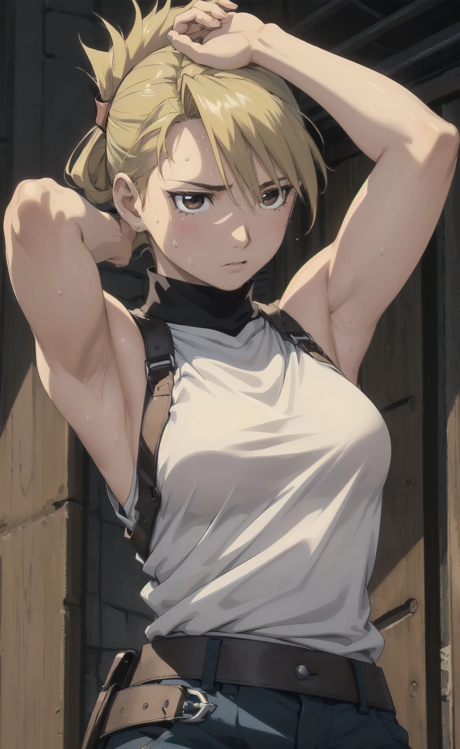 masterpiece, Highest quality, High resolution, One Girl, Hamriz, ponytail, Brown eyes,big , Black Shirt, Tight shirt, holster, Short sleeve, belt, Covered navel, Blue pants,indoor、Upper body close-up、Muscular body、blush、Sweat、Composition from the front、anime、(((Close-up of a person、Raise your arms、Both armpits exposed、Sweat、look forward to)))