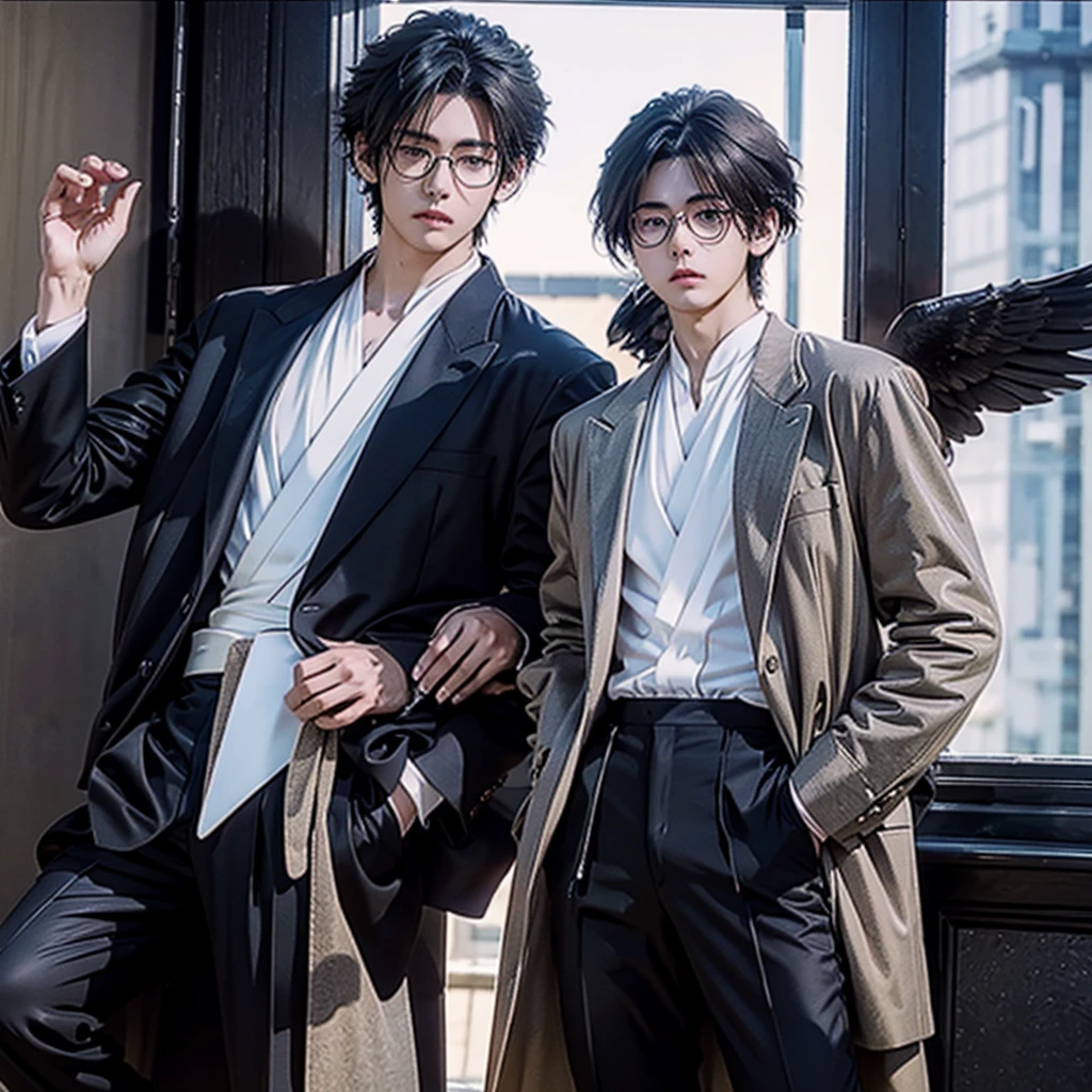 Wearing glasses、Anime character in suit and tie standing in front of the window, Delicate hermaphroditic prince, beautiful androgynous prince, Elegant anime main visual, author：Yang J, Handsome Prince, Inspired by Zhang Han, cai xukun, Handsome anime poses, Anime handsome, Exquisite and handsome wings, Inspired by Bian Shoumin, heise jinyao