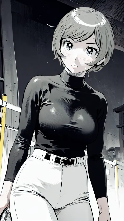 (野球uniform:1.2),
blonde hair, (short hair:1.2),long sleeve, black shirt, turtleneck,white trousers、uniform、black belt、((illustra...