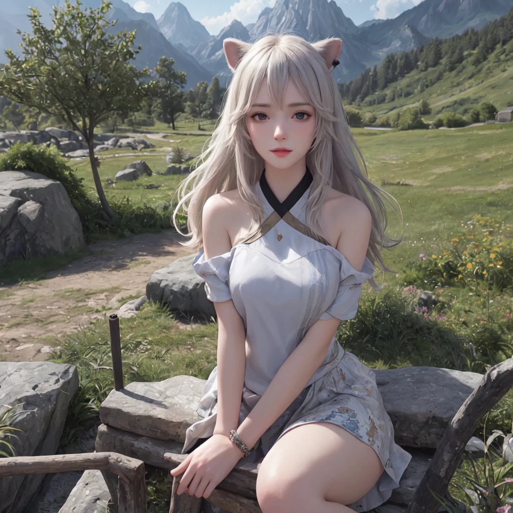 (best quality), masterpiece, Extremely detailed CG8K painting, high color, Extremely high color saturation, All colors are deepened, central composition, Extremely detailed light and shadow, The face and eyes are very detailed, medium length hair, sportswear, colorful clouds，beautiful nature，landscape