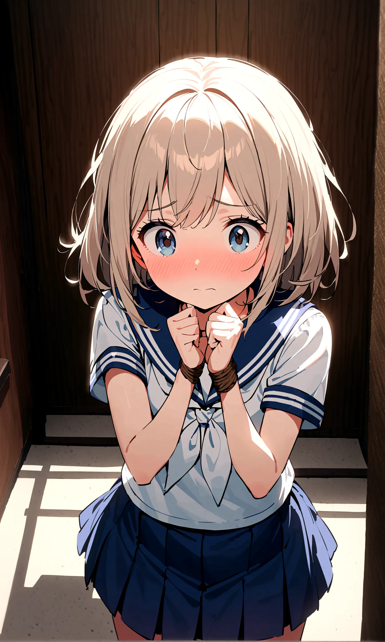 2 girls, shoved inside one locker, ((sailor uniform, short sleeve, tight clothing, miniskirt)), (blushing:1.5), (teary eyes:1.5)...