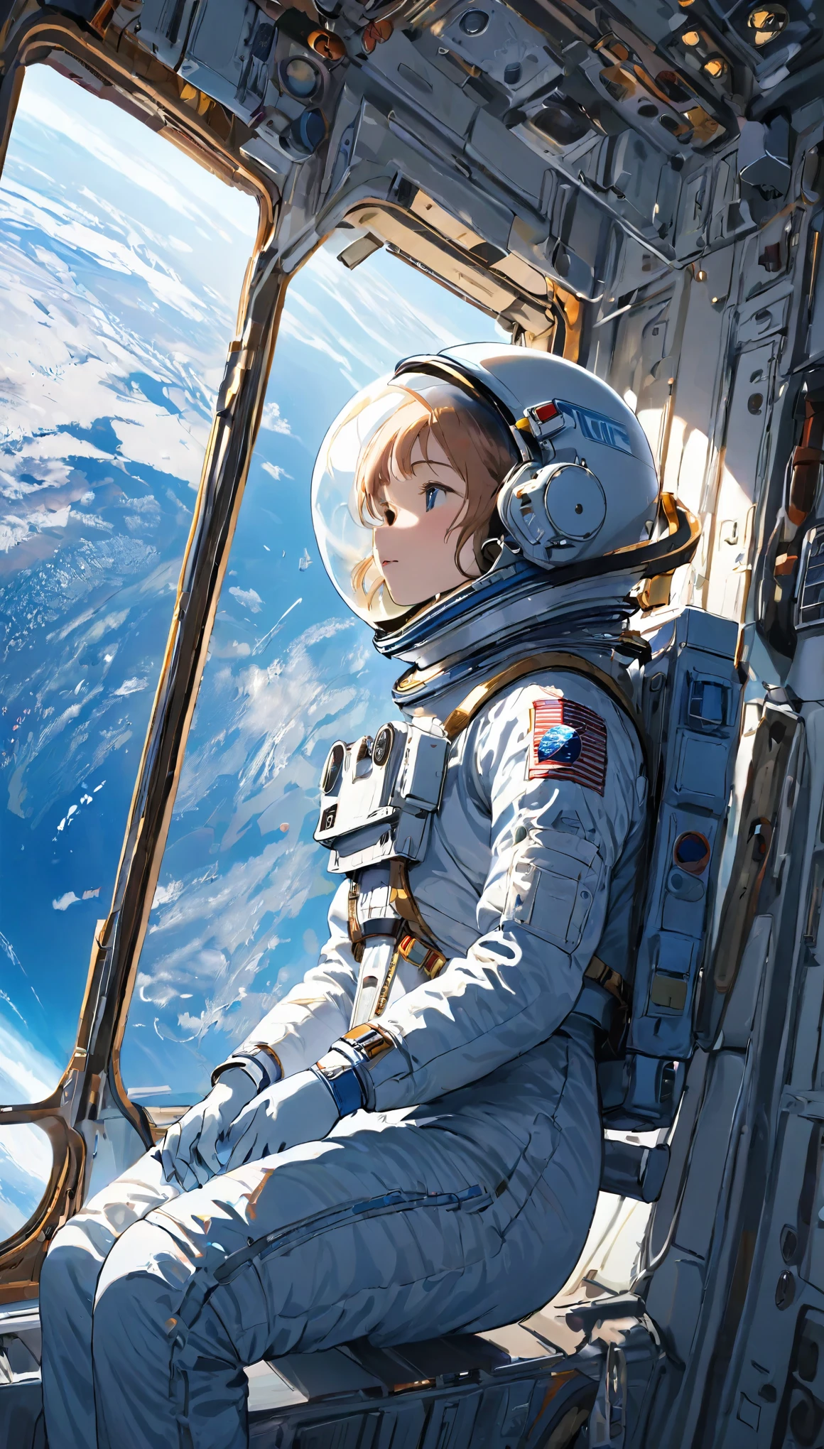 Highest quality、masterpiece、High resolution、RAW Photos、BREAK、Perfect Anatomy、One Girl、Reflective helmet、Wearing a helmet、Skin-tight astronaut suits、２０talent、Zero Gravity Swimming、Space Station、Experimental building、Complex Instrumentation、Detailed depiction、Space Station of the Near Future、BREAK、Earth seen from the window、Beautiful Earth、Blue Earth、