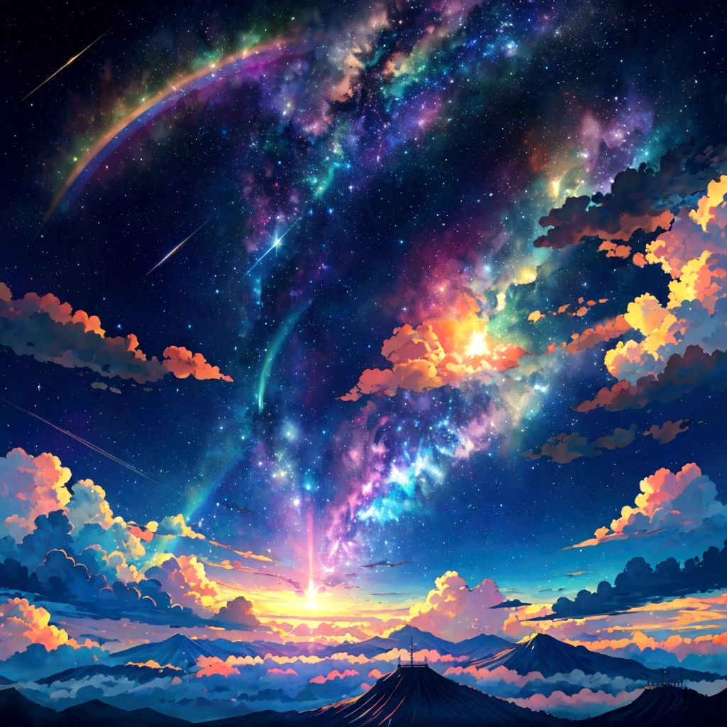 Rainbow Sky，colorful，beauttiful stars，wonderful view，utopia，An atmosphere full of dreams and hope，masterpiece．16K, Ultra-high resolution, Ultra-high resolution, to be born,wonderful ,future、iridescent、The world 30 years from now。