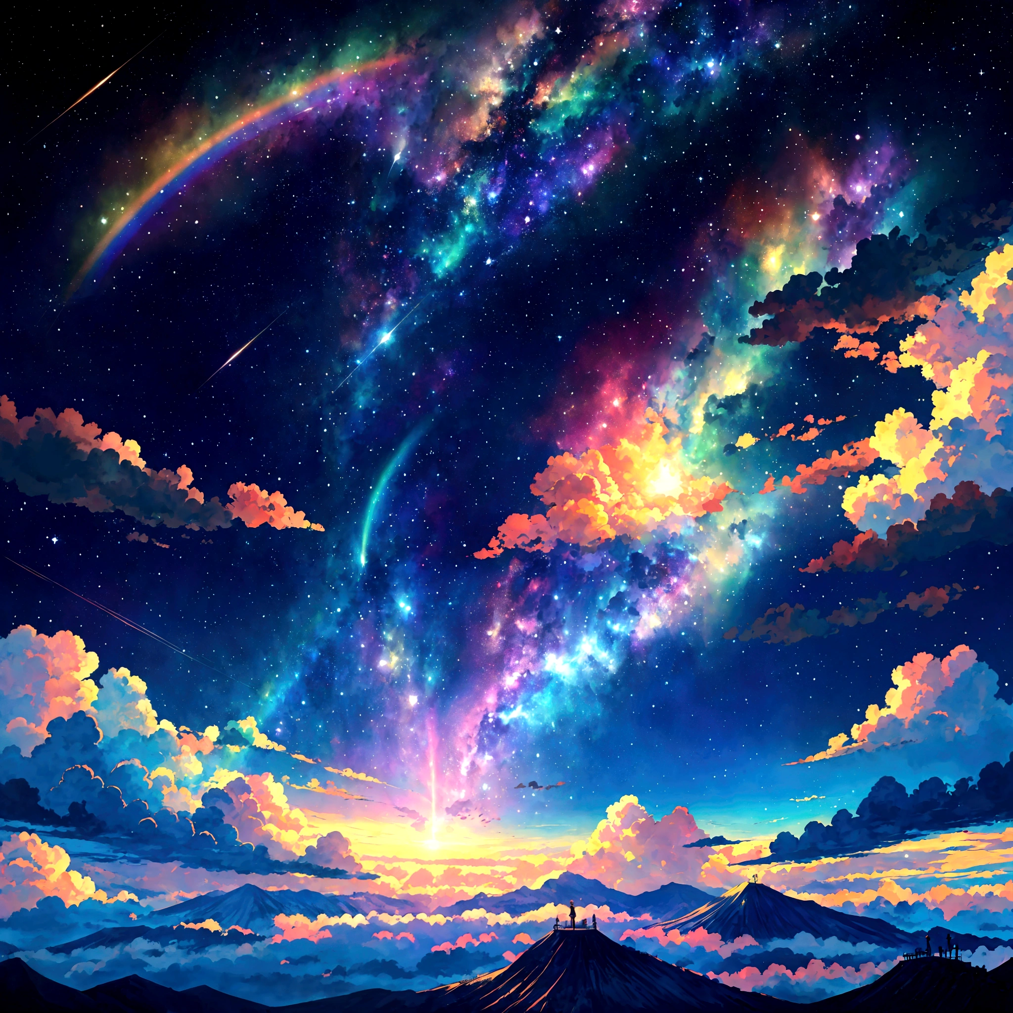 Rainbow Sky，colorful，beauttiful stars，wonderful view，utopia，An atmosphere full of dreams and hope，masterpiece．16K, Ultra-high resolution, Ultra-high resolution, to be born,wonderful ,future、iridescent、The world 30 years from now。