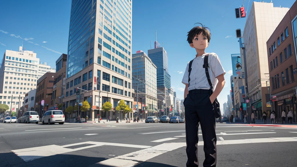 high quality　Near future　sf　universe　In the heart of the city　intersection　Streetscape　Standing boy　Look up at the sky　pull　Overall composition　Clear blue sky　vain　sad