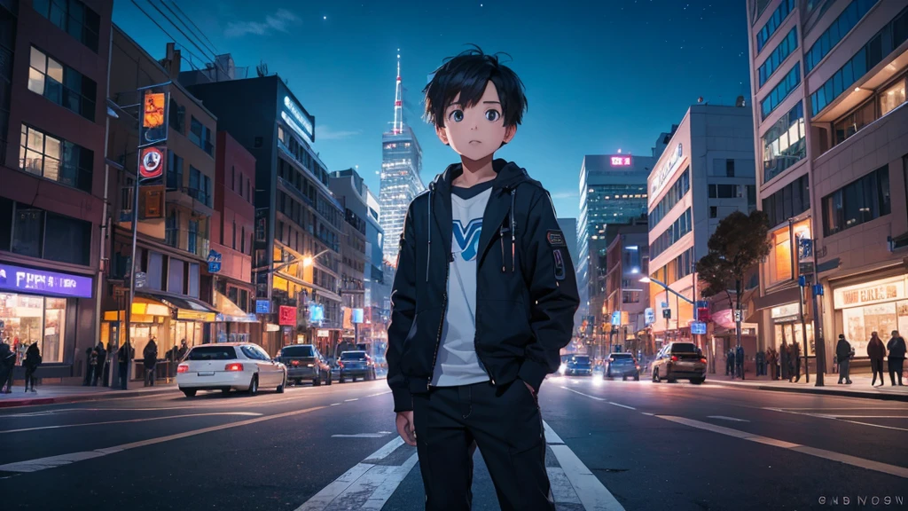 high quality　Near future　sf　universe　In the heart of the city　intersection　Streetscape　Standing boy　Look up at the sky　pull　Overall composition　Clear blue sky　vain　sad　darkness　night　colorful　vivid