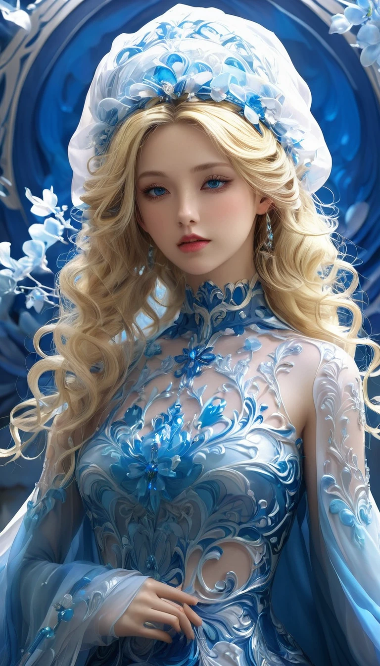 Wearing a blue dress、Blonde woman with veil, Beautiful fantasy girl, Detailed fantasy art, Beautiful fantasy art, Blonde Princess, artstation pixiv like artgerm, Beautiful girl, ((Beautiful fantasy queen)), 2. 5D CGI anime fantasy artwork, Fantasy art style, Detailed digital anime art, Fantasy style art