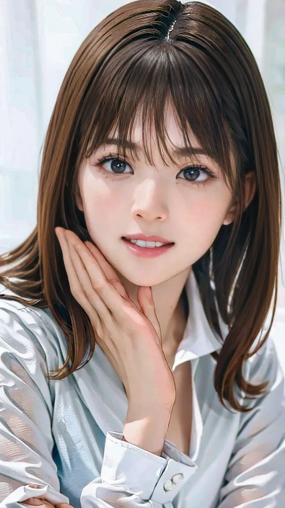 RAW Photos, One girl, Cute face, Beautiful Face, Mid-chest, Blouse with collar, White blouse, A light smile, Upper Body, Detailed skin, pore, Simple Background, Front face, wallpaper, Realistic, Anatomically correct, masterpiece, Highest quality, Ultra-high resolution,masterpiece