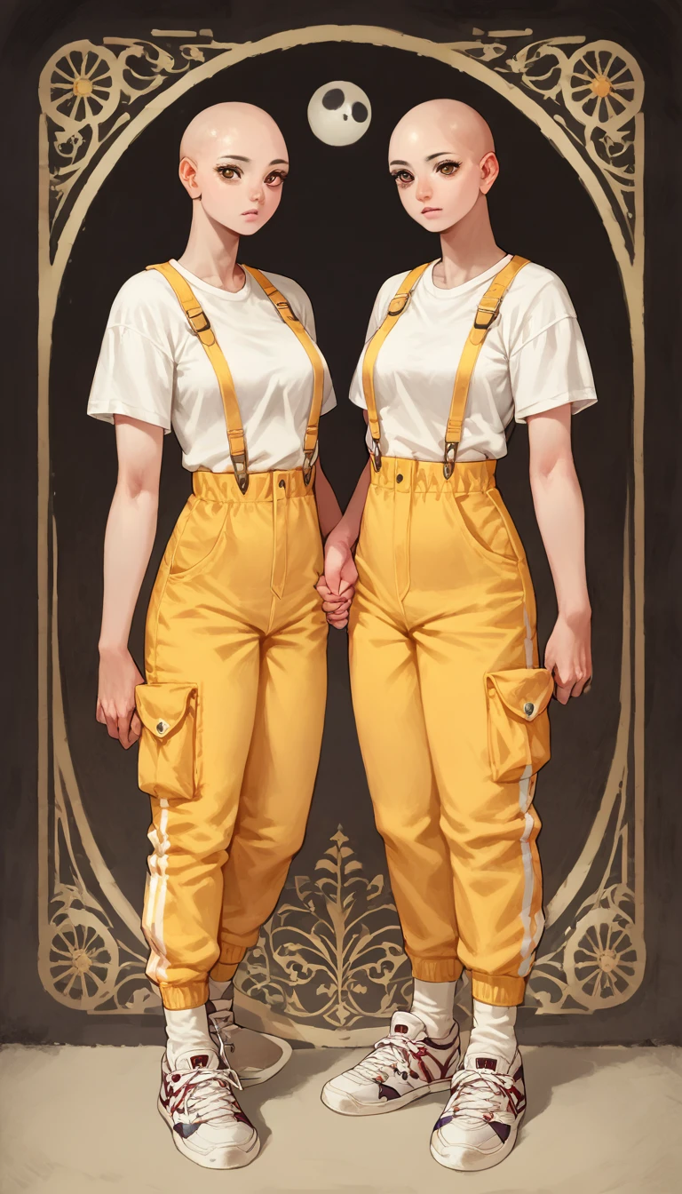 score_9, score_8_up, score_7_up, score_6_up, score_5_up, score_4_up, 
2others, female, (twins:1.2), (holding hands) , bald head, detailed eyes, eyelashes, frills, (T-shirt, jumpsuit, suspenders, knee socks, sneakers),
Full body standing painting, (((solo))), Simple line design, ((tarot card background, symmetric beauty)), perfectly symmetrical, The art of symmetry, floating drawings of characters, ((flatcolors)), tmasterpiecetop Qualities qualtiy