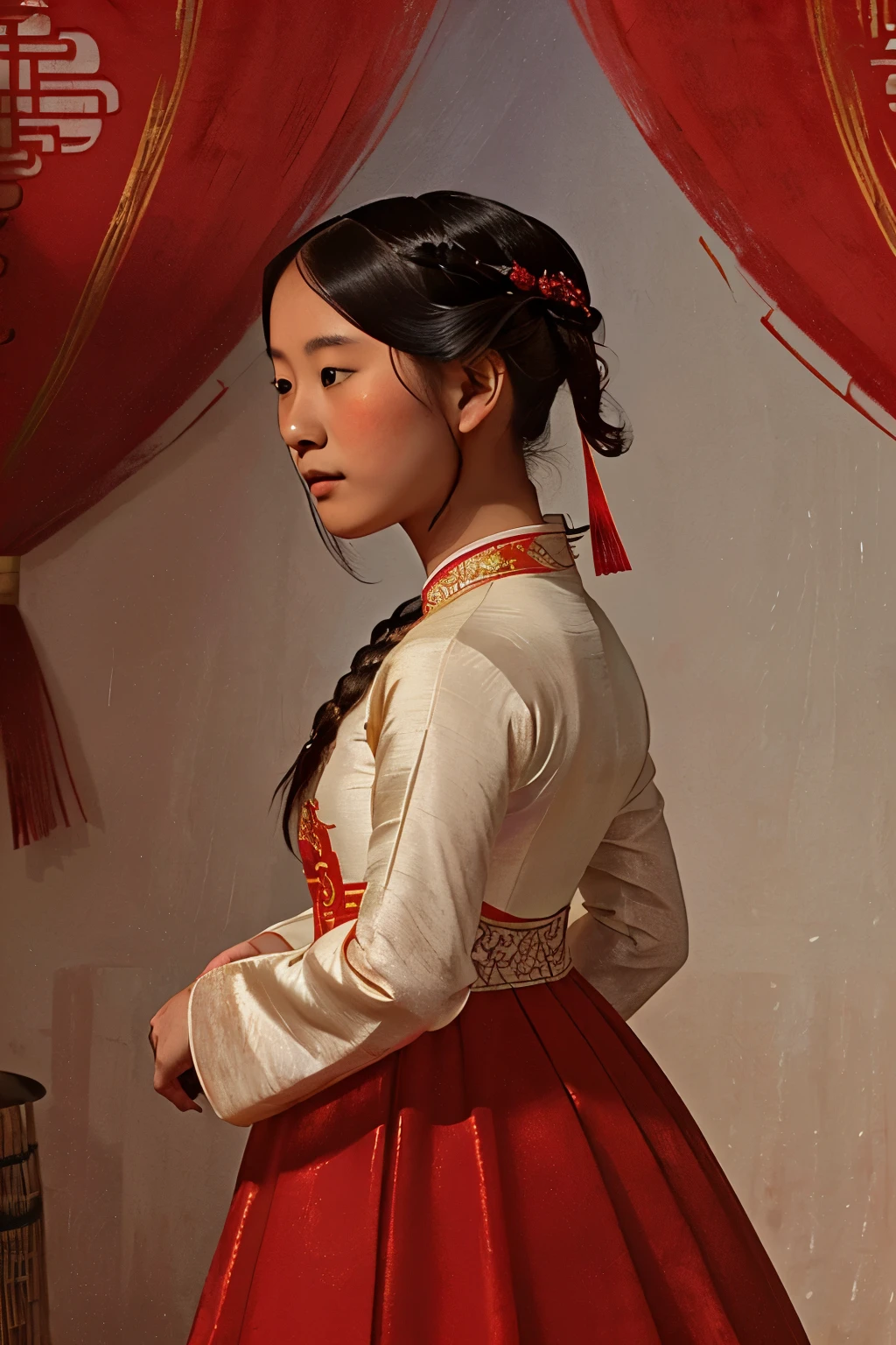 Puwei, China, 1840. A young ((((17-year-old)) WhiteLily)), asian girl, ((((chinese clothings from the 1840s, red wedding dress)))), ((hairstyle of the 1840s)), ((colorful))
