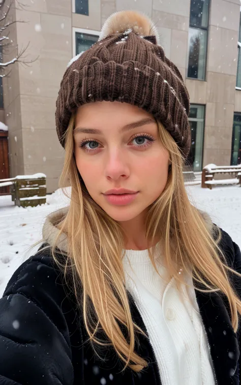 portrait selfie of a cute blonde outside snowing wearing brown beanie and jacket ultra realistic detailed