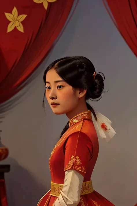 puwei, china, 1840. a young ((((17-year-old)) whitelily)), asian girl, ((((chinese clothings from the 1840s, red wedding dress))...