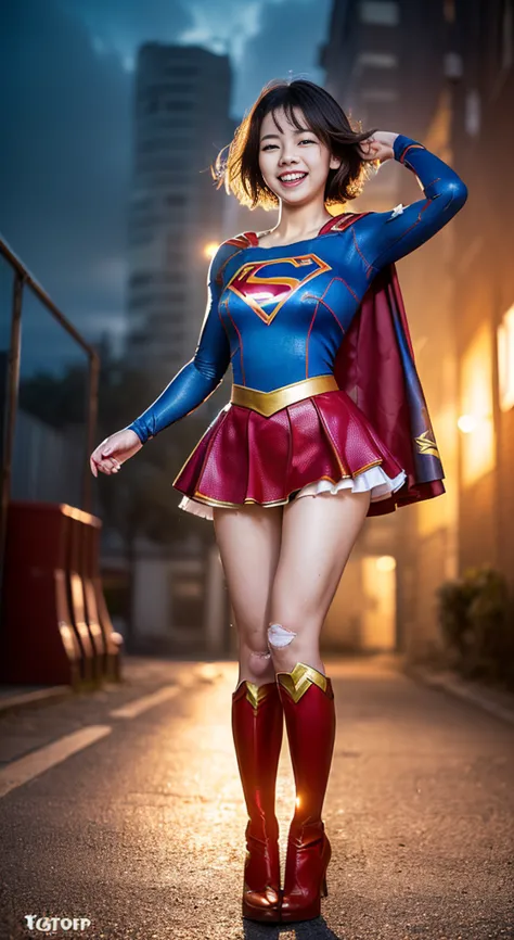 no background、short hair、supergirl costume、Ahegao、Snug costume、(((stretch your legs、tall、Legally express the beauty of your smil...