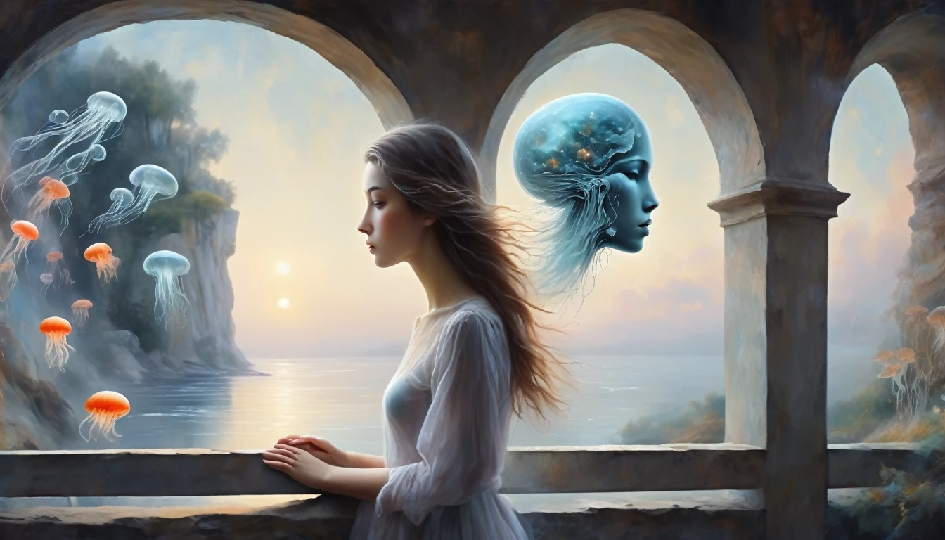 The scenery outside the window，Looking out from the window，Girl looking into the distance at the window，The Faceless Stone Woman on the Bridge，Handheld Light，Background with jellyfish, With the sky as a background, Brome's Art, Magic  artwork, super fine, Fantasy Art Surrealism Brzezinski