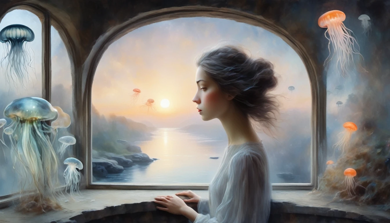 The scenery outside the window，Looking out from the window，Girl looking into the distance at the window，The Faceless Stone Woman on the Bridge，Handheld Light，Background with jellyfish, With the sky as a background, Brome's Art, Magic  artwork, super fine, Fantasy Art Surrealism Brzezinski