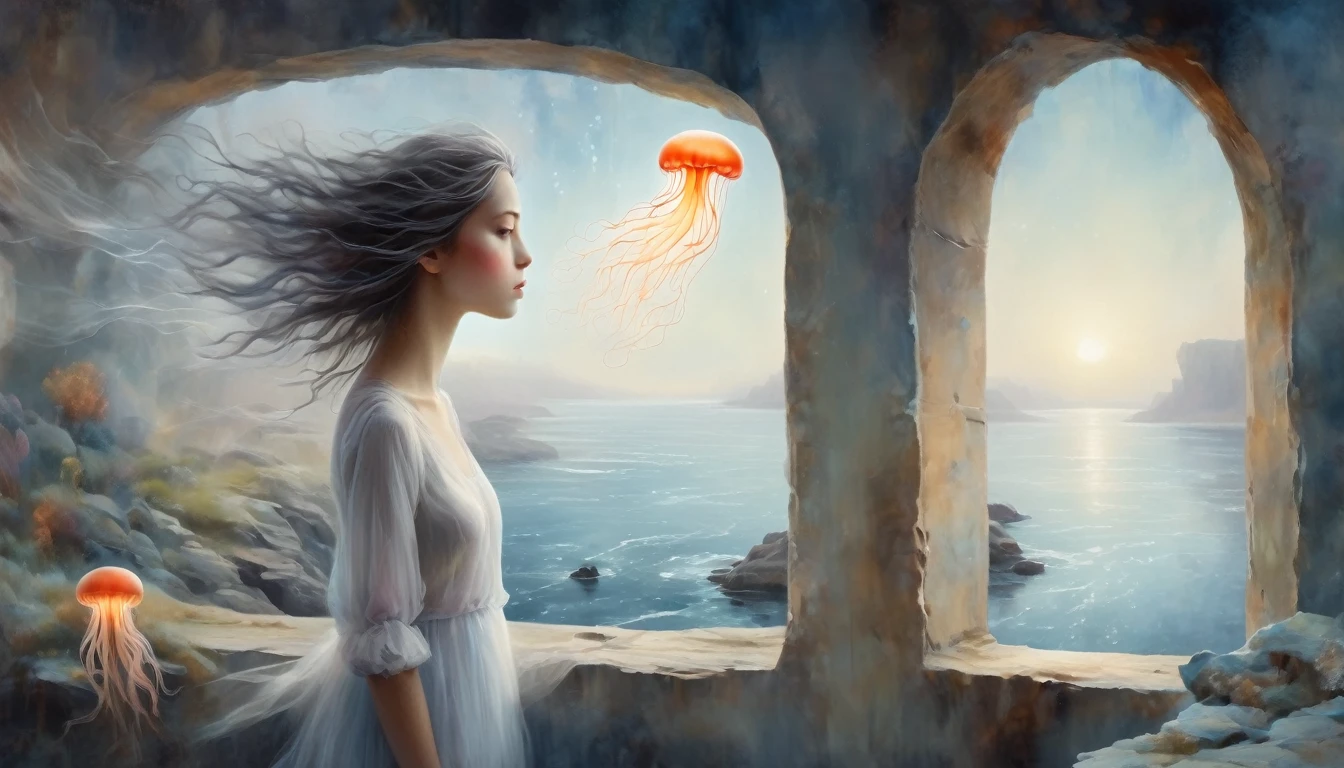 The scenery outside the window，Looking out from the window，Girl looking into the distance at the window，The Faceless Stone Woman on the Bridge，Handheld Light，Background with jellyfish, With the sky as a background, Brome's Art, Magic  artwork, super fine, Fantasy Art Surrealism Brzezinski