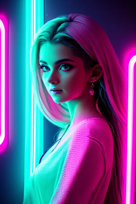 fashion portrait color photography, woman, neon lights 