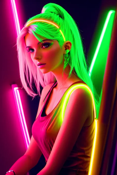 fashion portrait color photography, woman, neon lights 