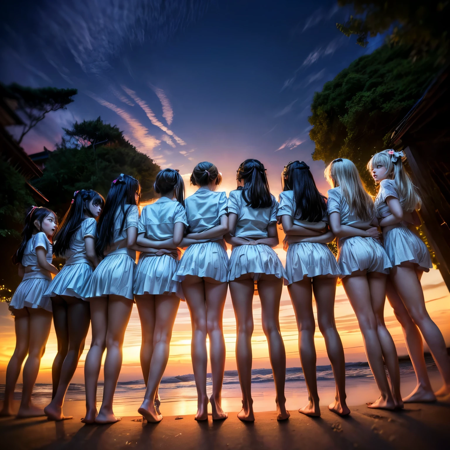 ((ExtremelyDetailed (12 KAWAII Girls in a row:1.37) in WHITE at Dusk Enoshima Beach)), (masterpiece 8K TopQuality) (CommercialPhoto:1.37), {(Standing Full Body:1.2)|(from below:1.2)}, Different types of hair colors, {School Uniform|naked bandage|tutu}, PUNIPUNI, Joyful Expressions LifeLike Rendering, PerfectLighting, (nipples:0.8), [RainbowColor Horizon]