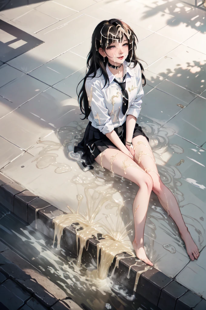 1 girl, woman, emo_hairstyle, Red lipstick, collar, Eyeliner, eyeshadow, smoky eyes, realistic lighting, school, shirt , tie, skirt, Black Stockings, long hair, flat chest, shiny skin, complacent, grin, bukkake, peeing self, pissing stream between legs