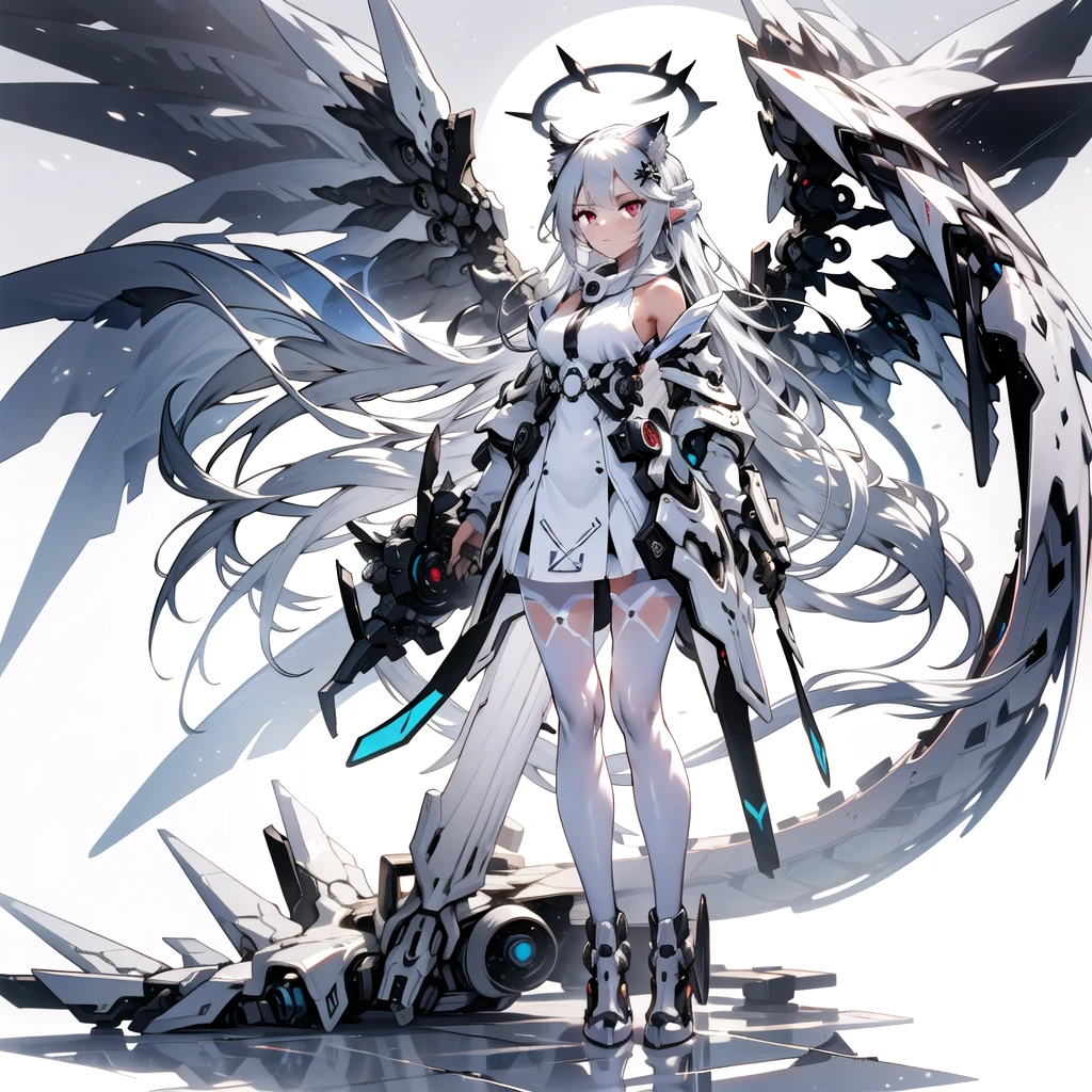 masterpiece, highest quality, highest resolution, clear_image, detailed details, White hair, long hair, cat ears, 1 girl, red eyes, white pantyhose, sci-fi dress, white scarf (white scarf around the neck with a light blue glow), gray futuristic halo (gray halo over the head), white wings (4 wings), cute, full body, no water marks, snow