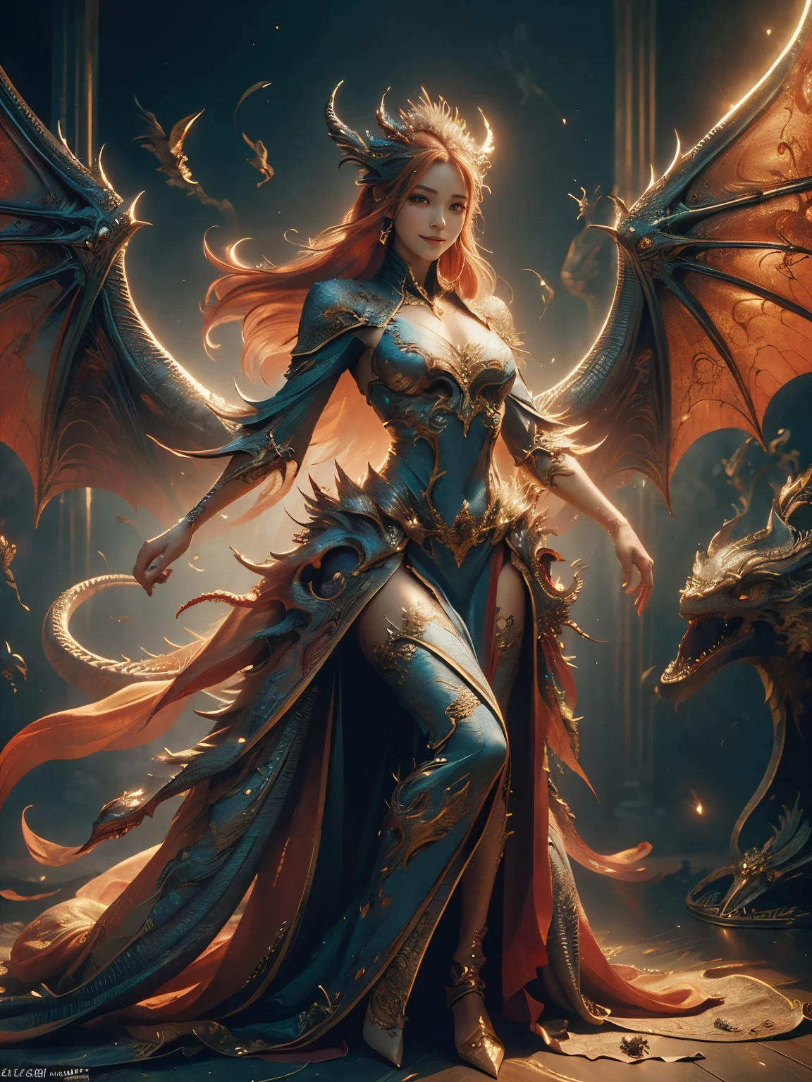 (Cinematic Photo:1.3) from (Realistic:1.3), (Smile:1.3) (Cinematic Photo:1.3) from (Realistic:1.3), (Magic Photo:1.3) from (Realistic:1.3), (Proud:1.3), A powerful and elegant woman perfectly integrated with the essence of the dragon, Imaginative and visually striking digital artwork, (This woman exudes confidence and grace with dragon-inspired elements such as scales, wings, or subtle fiery details), A mythical and mesmerizing atmosphere, A harmonious fusion of human and dragon characteristics, full body,
Vibrant colors, dynamic poses, exquisite details, 32k UHD resolution, DSLR, professional photography, high quality, best quality, realistic photo, cinematic angle, cinematic lighting, vibrant color, vivid color, sharp focus