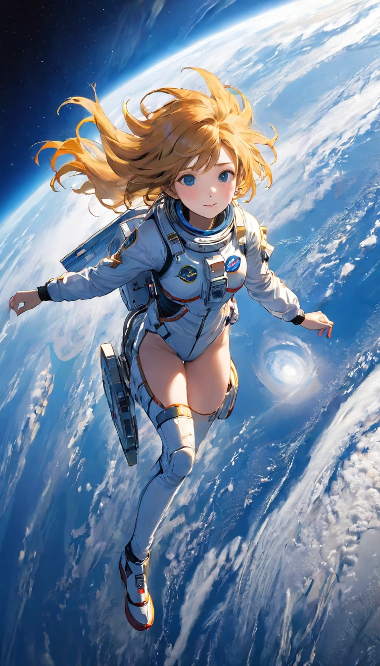 最高品質、傑作、高解像度、RAW写真、壊す、完璧な解剖学、一人の女の子、セクシー宇宙服、 肌にぴったりフィットする宇宙飛行士のスーツ、無重力スイミング、宇宙空間、地球の詳細な描写、青い地球、美しい地球、台風の雲、台風の目、