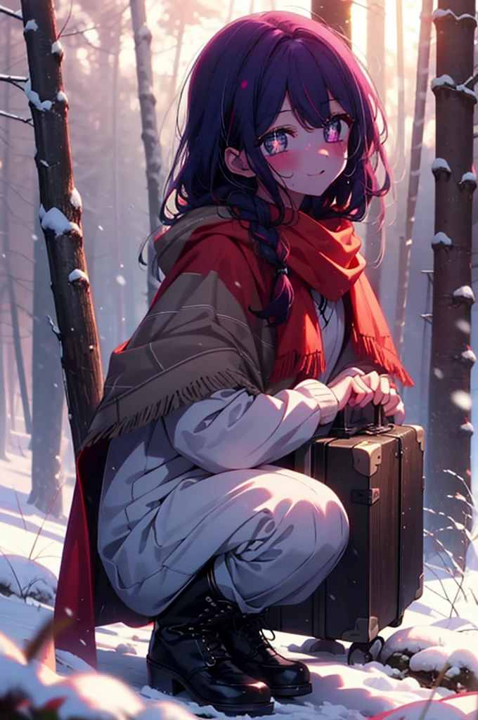 aihoshino, Ai Hoshino, Long Hair, bangs, (Purple eyes:1.1), Purple Hair, (Symbol-shaped pupil:1.5), smile,,smile,blush,White Breath,
Open your mouth,snow,Ground bonfire, Outdoor, boots, snowing, From the side, wood, suitcase, Cape, Blurred, , forest, White handbag, nature,  Squat, Mouth closed, Cape, winter, Written boundary depth, Black shoes, red Cape break looking at viewer, Upper Body, whole body, break Outdoor, forest, nature, break (masterpiece:1.2), Highest quality, High resolution, unity 8k wallpaper, (shape:0.8), (Beautiful and beautiful eyes:1.6), Highly detailed face, Perfect lighting, Highly detailed CG, (Perfect hands, Perfect Anatomy),