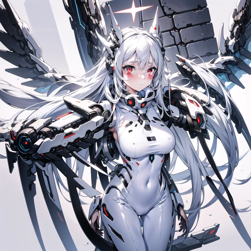 masterpiece, highest quality, highest resolution, clear_image, detailed details, White hair, long hair, cat ears, 1 girl, red eyes, white pantyhose, sci-fi dress, white scarf (white scarf around the neck with a light blue glow), gray futuristic halo (gray halo over the head), white wings (4 wings), cute, full body, no water marks, snow, normal ears