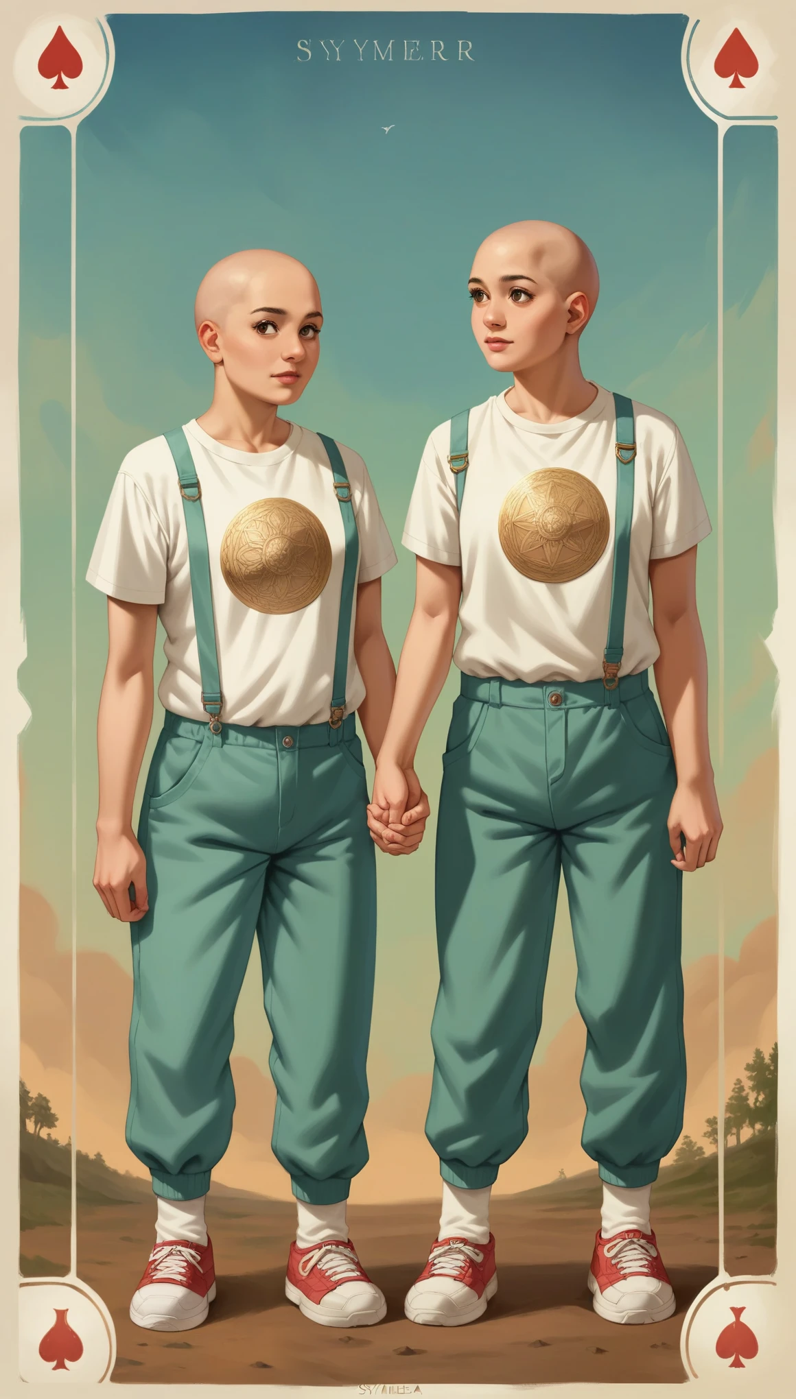 score_9, score_8_up, score_7_up, score_6_up, score_5_up, score_4_up, 
2others, female, (twins:1.2), (holding hands) , bald head, big belly, fat, short, small height, (extra super short haircut:1.5), detailed eyes, eyelashes, frills, (T-shirt, jumpsuit, suspenders, knee socks, sneakers),
Full body standing painting, (((solo))), Simple line design, ((tarot card background, symmetric beauty)), perfectly symmetrical, The art of symmetry, floating drawings of characters, ((flatcolors)), tmasterpiecetop Qualities qualtiy