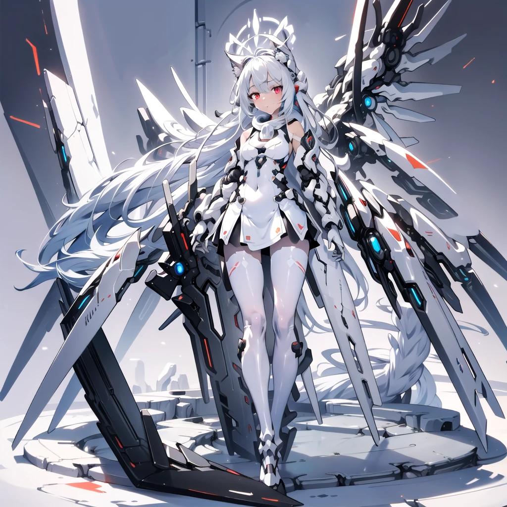 masterpiece, highest quality, highest resolution, clear_image, detailed details, White hair, long hair, cat ears, 1 girl, red eyes, white pantyhose, sci-fi dress, white scarf (white scarf around the neck with a light blue glow), gray futuristic halo (gray halo over the head), white wings (4 wings), cute, full body, no water marks, snow, normal ears