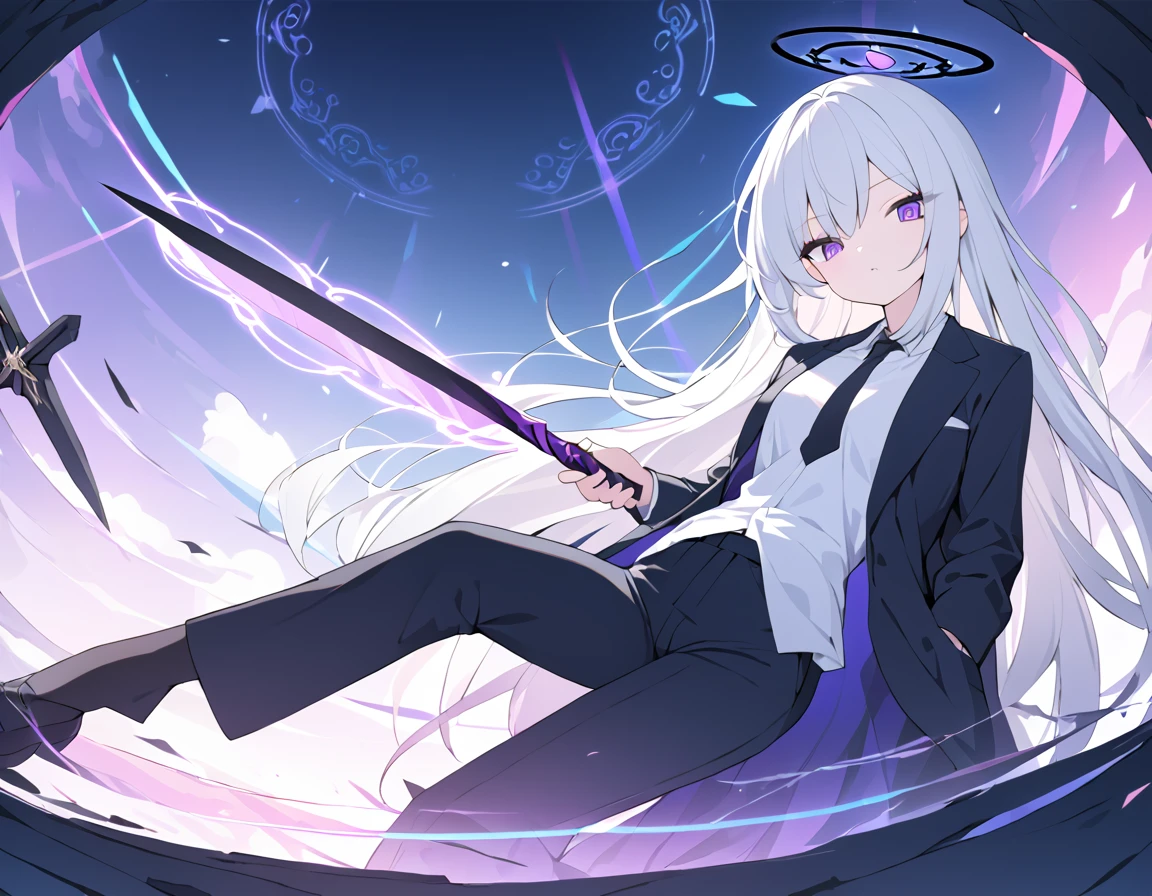 (Highest quality), (High resolution), (masterpiece), (Super detailed), (Bright saturation), (Super detailedな目), (Super detailedな手), Thigh-length hair, White Hair, Heterogeneous eyes: purple left eye and blue right eye, One girl, Swinging a black sword in his right hand, Left hand in pocket,  girl, (Black long coat, White shirt, Black tie, Black trousers, suit,) whole body, Countless swords of light are stuck in the ground., Magic circle in the background, Expressionless, Vivid saturation, Black halo