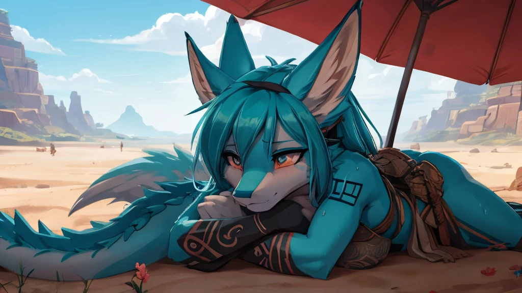 Miku Hatsune x aloy horizon forbiden west dragon tenack armor, add high definition_detail:1, blue fur,kitsune ears, tribal tattoo add_detail:1, sensual pose upside down add_details:1, desertic landscape oasis in the background, exhausted girl, sweating, very hot, intense sun add_detailsl, lying on belly legs up, modeling add_detailsl:1