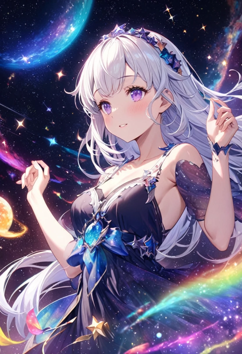 High Detail, Very detailed, Ultra-high resolution, Purple Eyes，White hair，A girl having a good time in a fantasy galaxy, Surrounded by stars, The warm light shines on her, Background is starry sky，There are colorful galaxies and galaxy clouds, The stars fly around her, Delicate face, Add playfulness , 