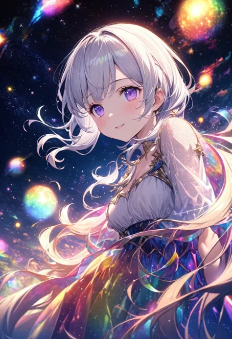 high detail, very detailed, ultra-high resolution, purple eyes，white hair，a girl having a good time in a fantasy galaxy, surroun...