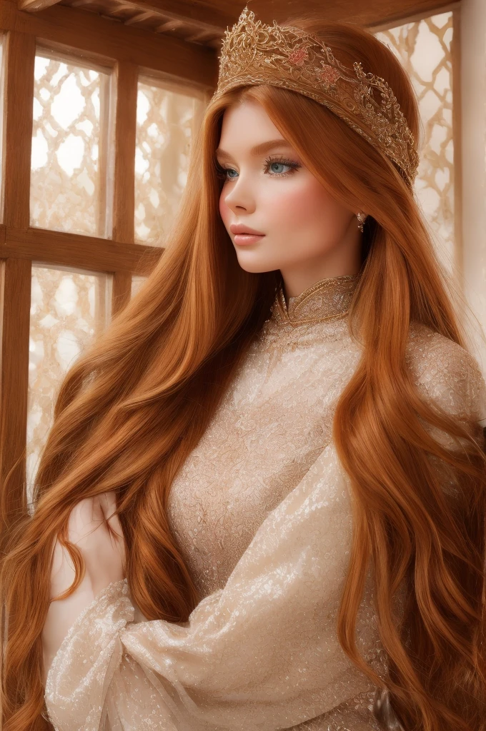 A gorgeous, pretty, shiny, kind-hearted, warm-hearted, sweet, polite, sensitive, friendly, charming, graceful, stylish, glamorous, classy, alluring, majestic, ethereal, timeless, dreamy, angelical ginger long haired russian woman dressed in traditional winter costumes.