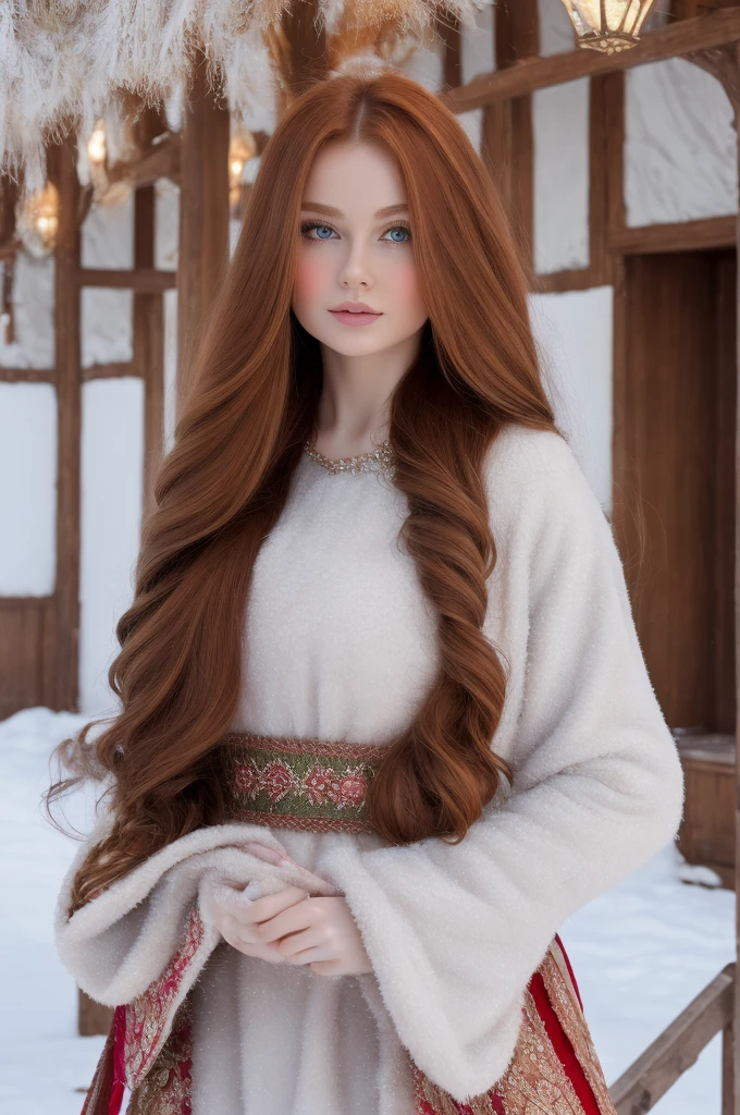 ゴージャスな, かわいい, 光沢のある, 心優しい, 温かい, 甘い, 礼儀正しい, センシティブ, フレンドリー, 魅力的, 優雅な, スタイリッシュ, グラマラス, 上品な, 魅惑的な, 雄大な, エーテル, 時代を超えた, 夢のような, 伝統的な冬の衣装を着た天使のような赤毛の長い髪のロシア人女性.