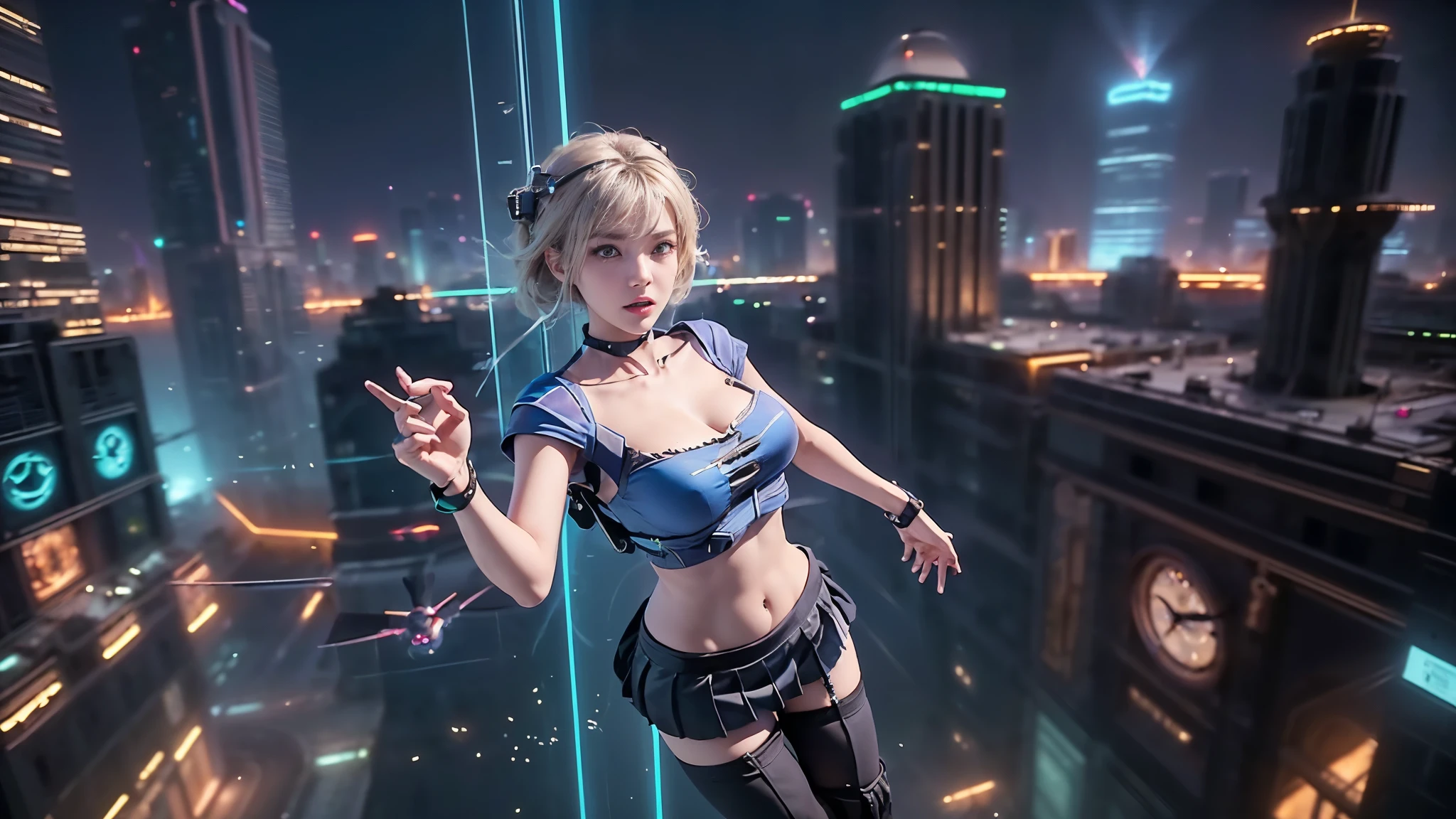 At night, dark sky, (((aerial view of futuristic sci-fi cyberpunk city, skyscrapers, (((((flying vehicle))))), (vortex-spirit-spreading giant ghost hologram (((clock tower))) as time machine), high quality))). Matrix style, (1girl, solo), photo realistic, (((large-breast:1.2 slim body, cleavage:1.3, tube top, very short pleated (((miniskirt))) exposing panty))), (((((matrix style black (((sunglasses))), aiming at camera with a (laser weapon):0.3))))), (((dynamic pose, half-body (thigh level) medium shot))), cinematic lighting.