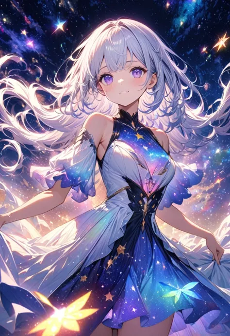 High Detail, Very detailed, Ultra-high resolution, Purple Eyes，White hair，A girl having a good time in a fantasy galaxy, Surroun...