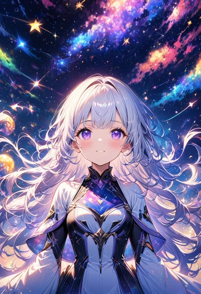 High Detail, Very detailed, Ultra-high resolution, Purple Eyes，White hair，A girl having a good time in a fantasy galaxy, Surrounded by stars, The warm light shines on her, Background is starry sky，There are colorful galaxies and galaxy clouds, The stars fly around her, Delicate face, Add playfulness , 