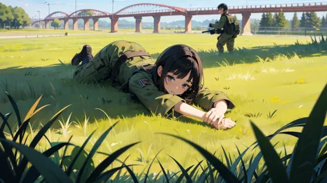 Girl doll、bank、river、bridge、Enjoying airsoft、uniform、Crawling through the grass