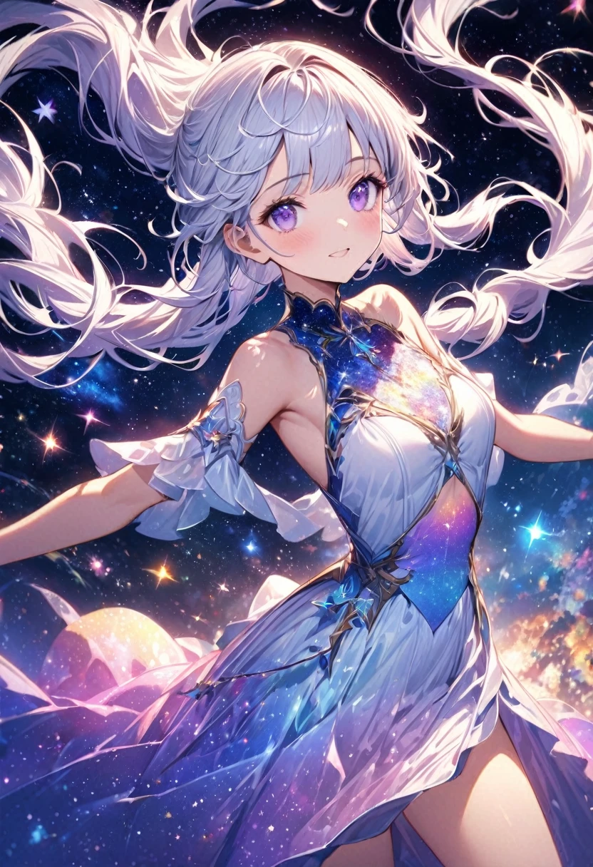 détail élevé, Très détaillé, Ultra haute résolution, yeux violets，cheveux blancs，Une fille s&#39;amusant dans une galaxie fantastique, entouré d&#39;étoiles, La lumière chaude brille sur elle, Le fond est un ciel étoilé，Il y a des galaxies colorées et des nuages de galaxies, Les étoiles volent autour d&#39;elle, visage délicat, Ajouter du ludique , 