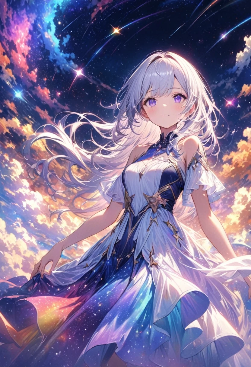 High Detail, Very detailed, Ultra-high resolution, Purple Eyes，White hair，A girl having a good time in a fantasy galaxy, Surrounded by stars, The warm light shines on her, Background is starry sky，There are colorful galaxies and galaxy clouds, The stars fly around her, Delicate face, Add playfulness , 