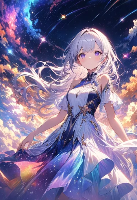 high detail, very detailed, ultra-high resolution, purple eyes，white hair，a girl having a good time in a fantasy galaxy, surroun...