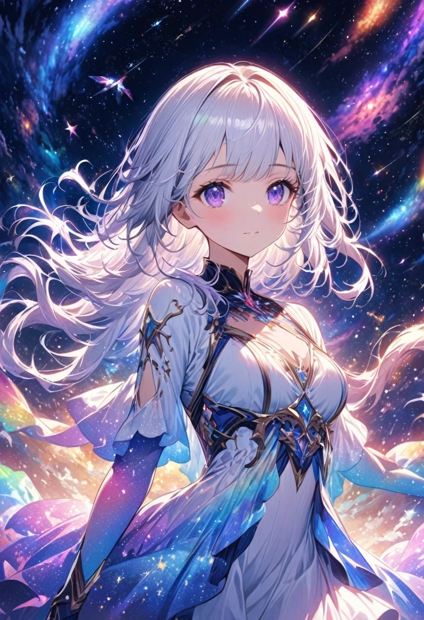 High Detail, Very detailed, Ultra-high resolution, Purple Eyes，White hair，A girl having a good time in a fantasy galaxy, Surrounded by stars, The warm light shines on her, Background is starry sky，There are colorful galaxies and galaxy clouds, The stars fly around her, Delicate face, Add playfulness , 