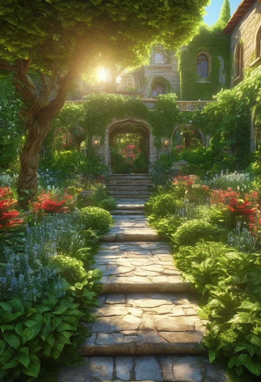 a beautiful lush garden, stone pathways, highly detailed, photorealistic, 4k, vibrant colors, natural lighting, hyperrealistic, landscape, intricate foliage, verdant greenery, ornate architecture, ornamental details, sunlight filtering through trees, dappled shadows, immersive depth of field, serene atmosphere, breathtaking scenery, masterpiece, best quality