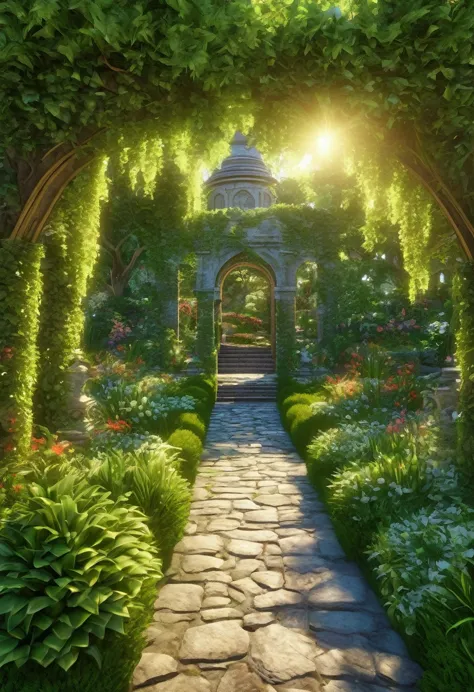 a beautiful lush garden, stone pathways, highly detailed, photorealistic, 4k, vibrant colors, natural lighting, hyperrealistic, ...