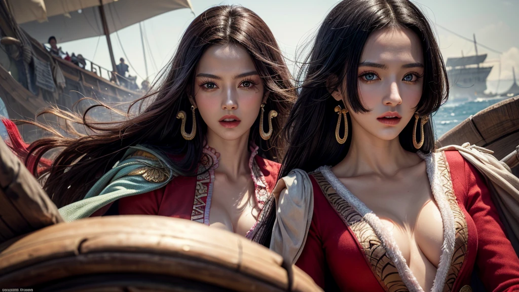 傑作, 最高品質, 非常に詳細な, 超現実的な, 写実的な, 美しい中国人モデル, 超詳細な顔:1.2, 黒髪, 赤いドレス, 海賊島, ダイナミックなポーズ