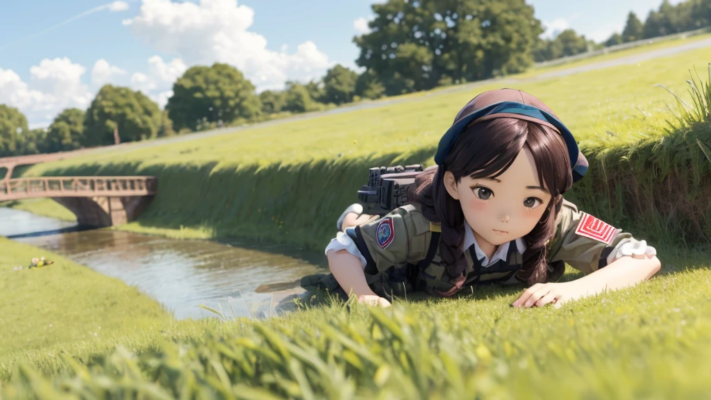 Girl doll、bank、river、bridge、Enjoying airsoft、uniform、Crawling through the grass