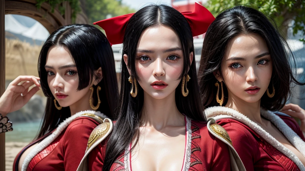 걸작, 최고의 품질, 매우 상세한, 초현실적, 사실적인, 아름다운 중국 모델, 매우 상세한 얼굴:1.2, 흑발, 빨간 드레스, 해적섬, 역동적인 포즈
